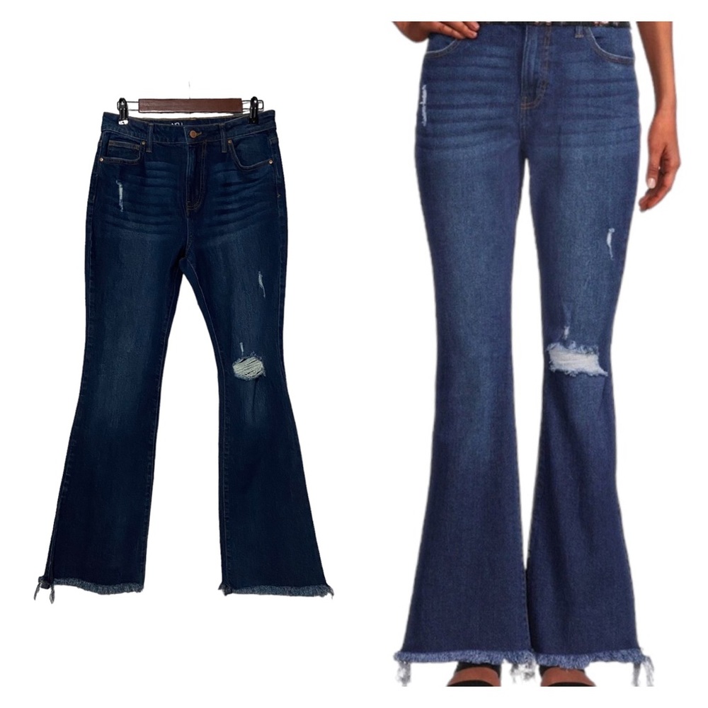 NoBo Hi Waisted Flare Distressed Jeans Blue - Picture 1 of 15